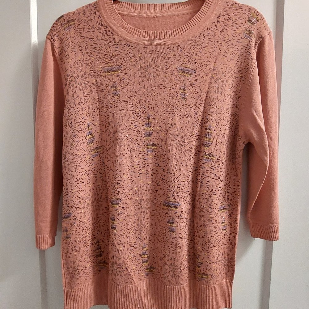 Women's Dusty Rose Crew Neck 3/4 Sleeves Knit Top w/Graphic Shimmer Front - SML
